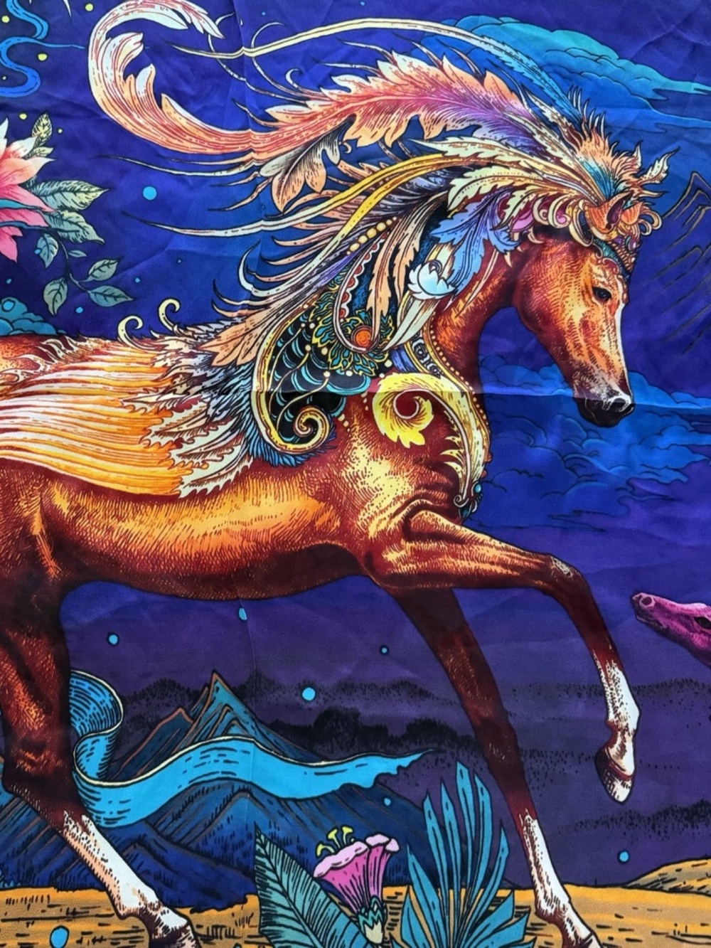 100% Mulberry Silk Square Scarf 26” Equestrian Horse Floral Art Print - Picture 3 of 8